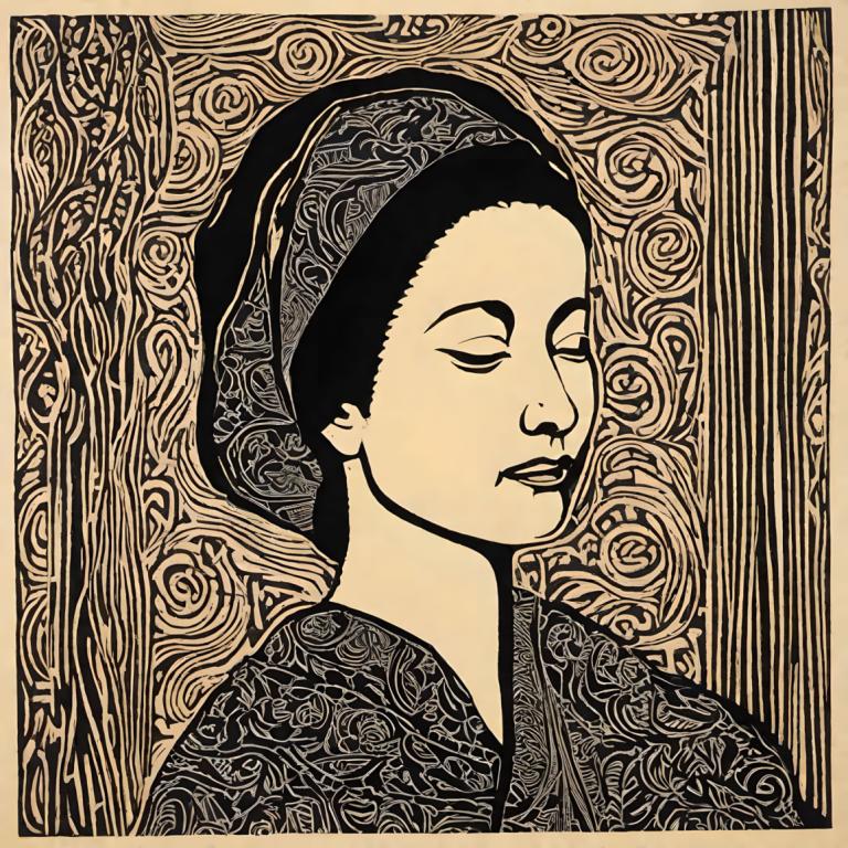 Woodcut,Woodcut, People, woman, solo, fine art parody, male focus, 1boy, black hair, monochrome