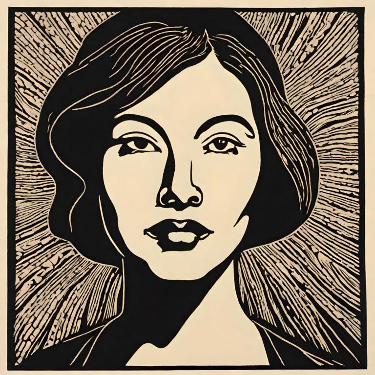 Woodcut,Woodcut, People, woman, 1girl, solo, monochrome, portrait, looking at viewer, greyscale, border