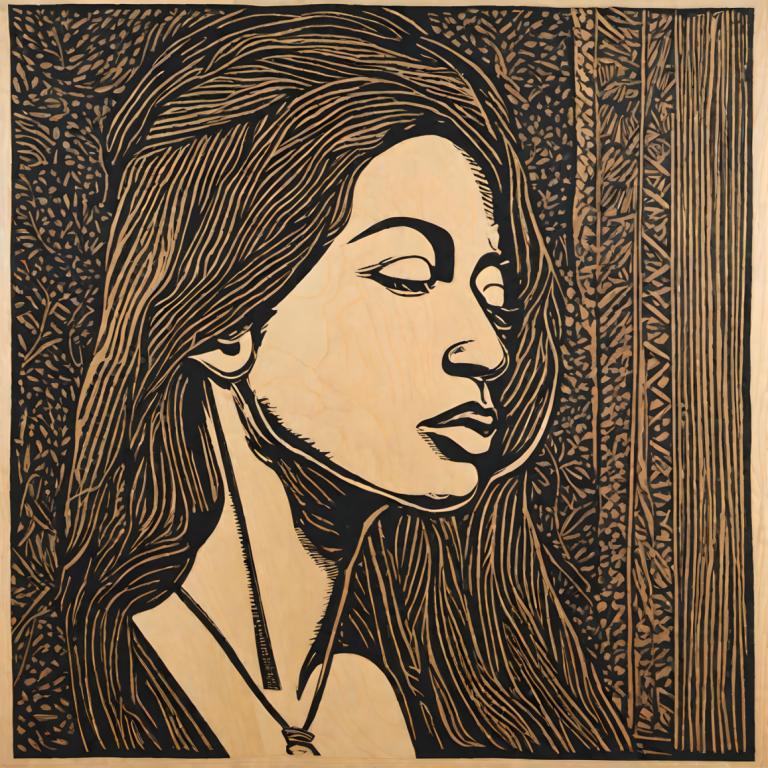 Woodcut,Woodcut, People, woman, 1girl, solo, long hair, jewelry, necklace, monochrome, parted lips, portrait