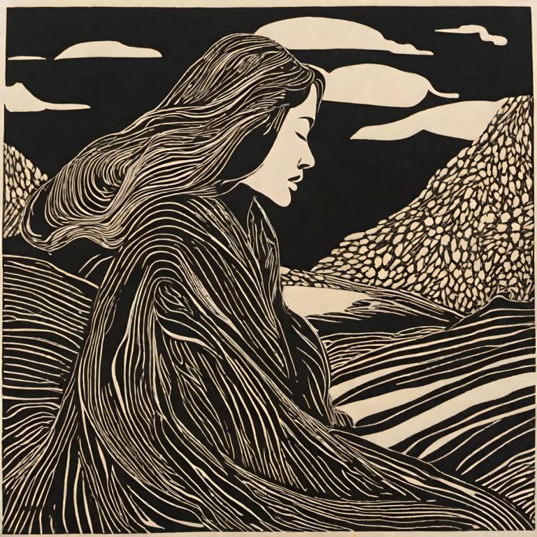 Woodcut,Woodcut, People, woman, 1girl, solo, long hair, monochrome, profile, closed eyes, cloud, from side