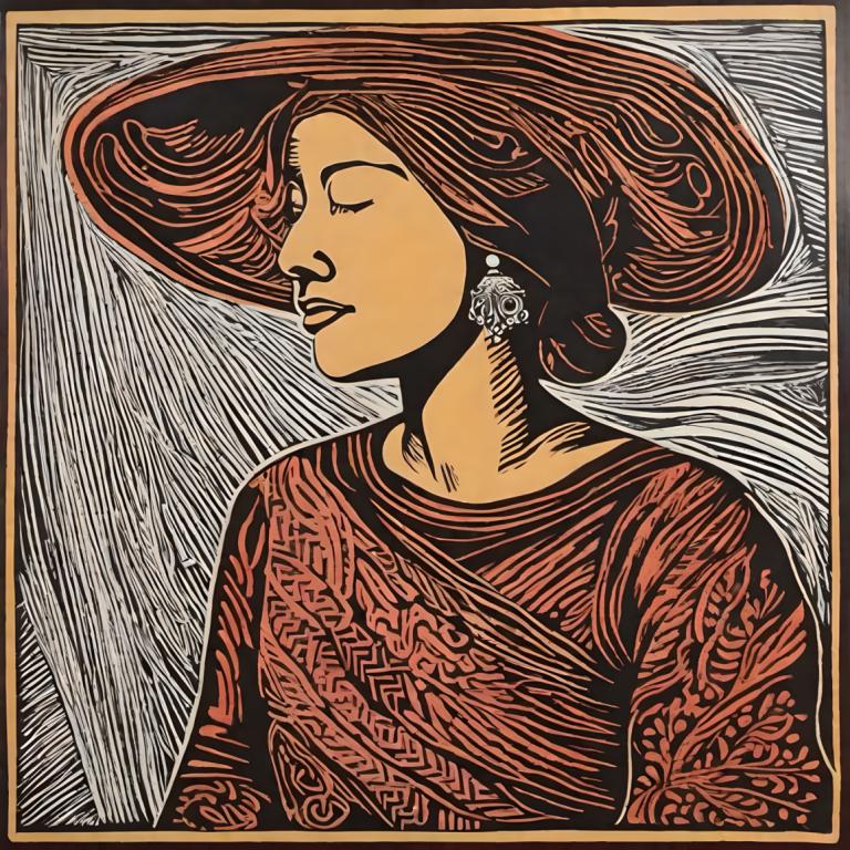 Woodcut,Woodcut, People, woman, 1girl, solo, jewelry, earrings, closed eyes, upper body, shirt, parted lips