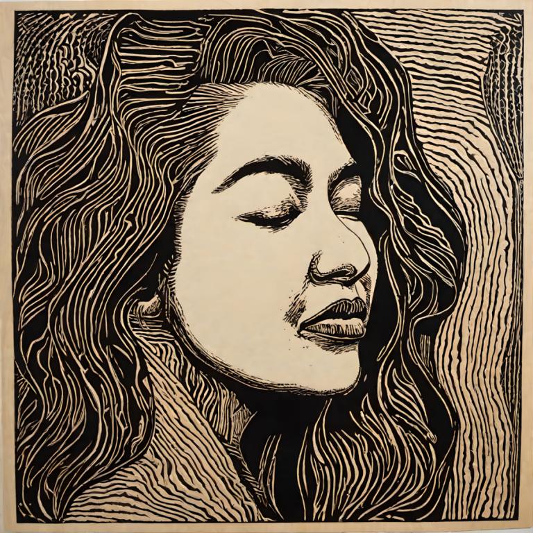 Woodcut,Woodcut, People, woman, solo, monochrome, long hair, portrait, greyscale, closed eyes, male focus