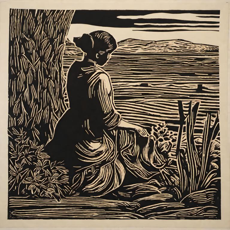 Woodcut,Woodcut, People, woman, solo, 1girl, monochrome, flower, fine art parody, short hair, dress, cloud