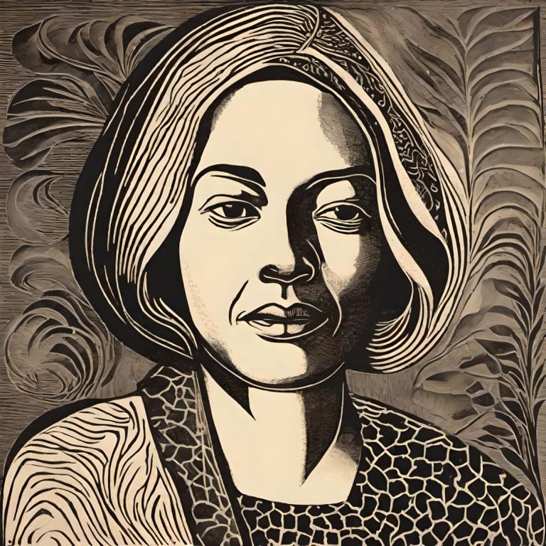 Woodcut,Woodcut, People, woman, solo, monochrome, portrait, looking at viewer, 1girl, greyscale