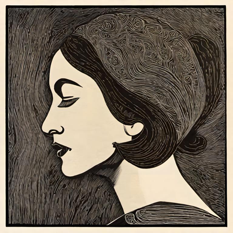 Woodcut,Woodcut, People, woman, 1girl, solo, monochrome, profile, portrait, closed eyes, border, greyscale