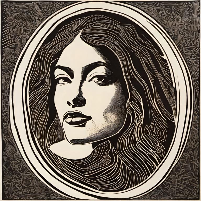 Woodcut,Woodcut, People, woman, solo, monochrome, portrait, greyscale, long hair, open mouth