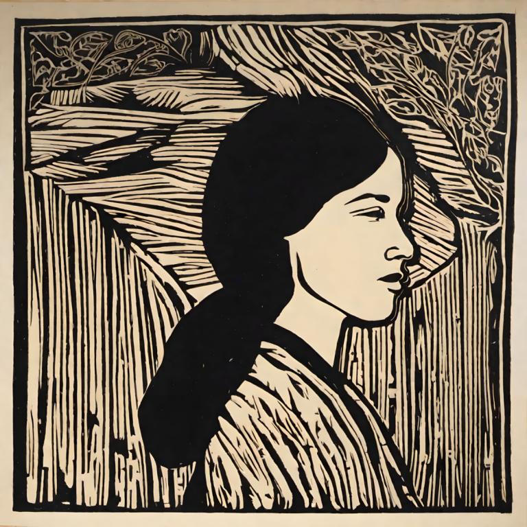 Woodcut,Woodcut, People, woman, solo, 1girl, monochrome, profile, long hair, tree, upper body, black hair