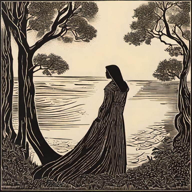 Woodcut,Woodcut, People, woman, 1girl, solo, monochrome, tree, greyscale, long hair, standing, dress, border