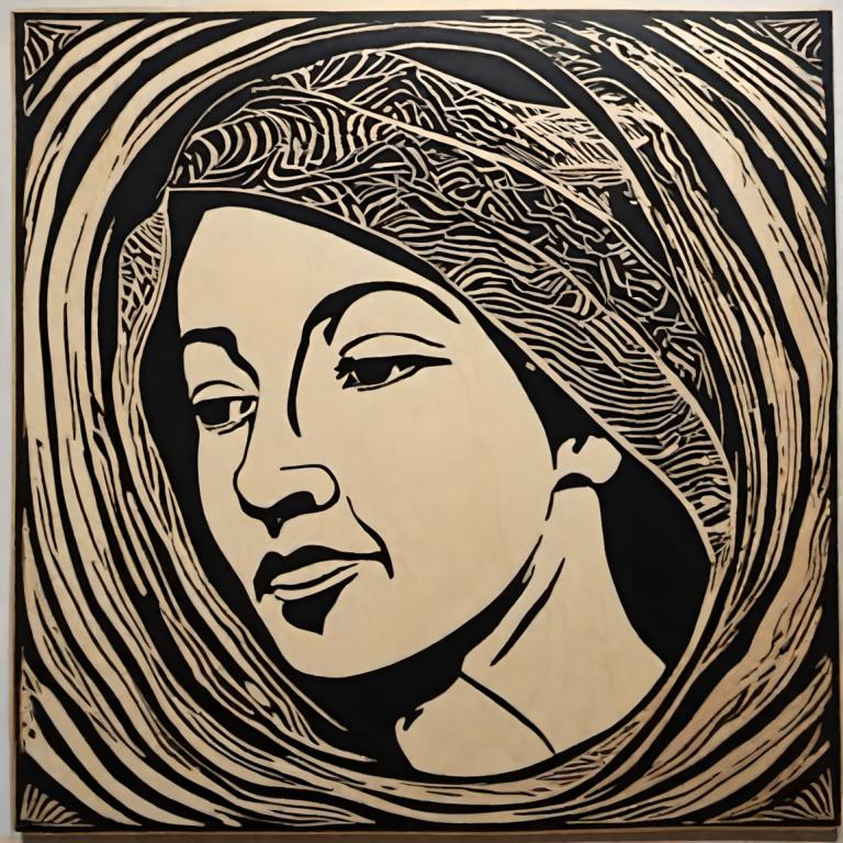 Woodcut,Woodcut, People, woman, solo, 1boy, male focus, portrait, monochrome, parted lips, greyscale