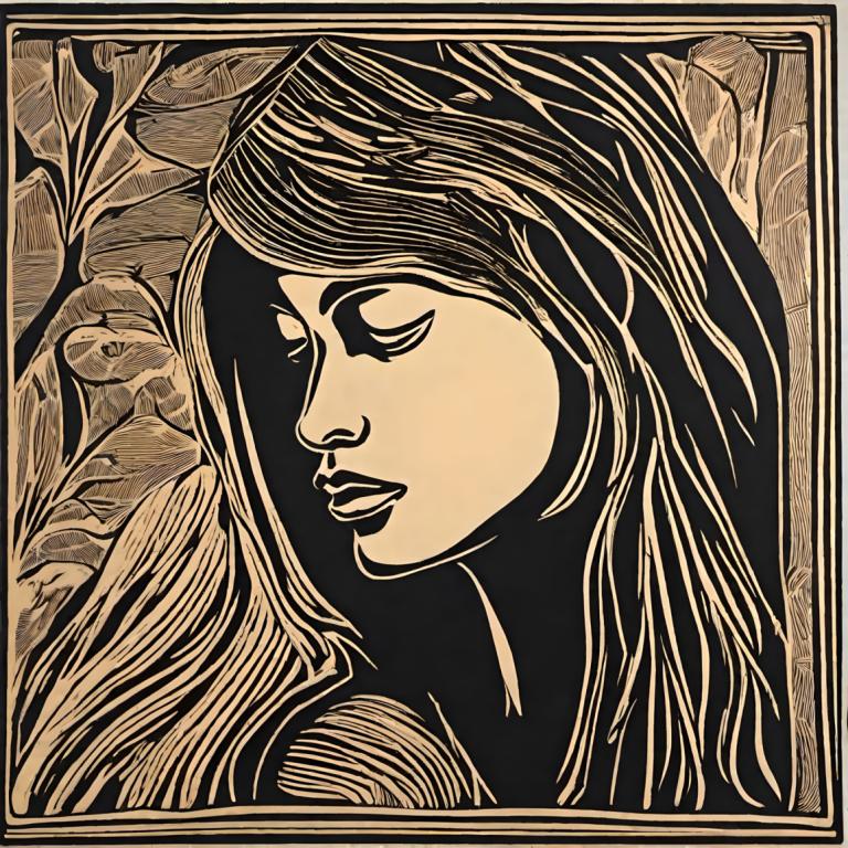 Woodcut,Woodcut, People, woman, 1girl, solo, monochrome, long hair, closed eyes, greyscale, style parody