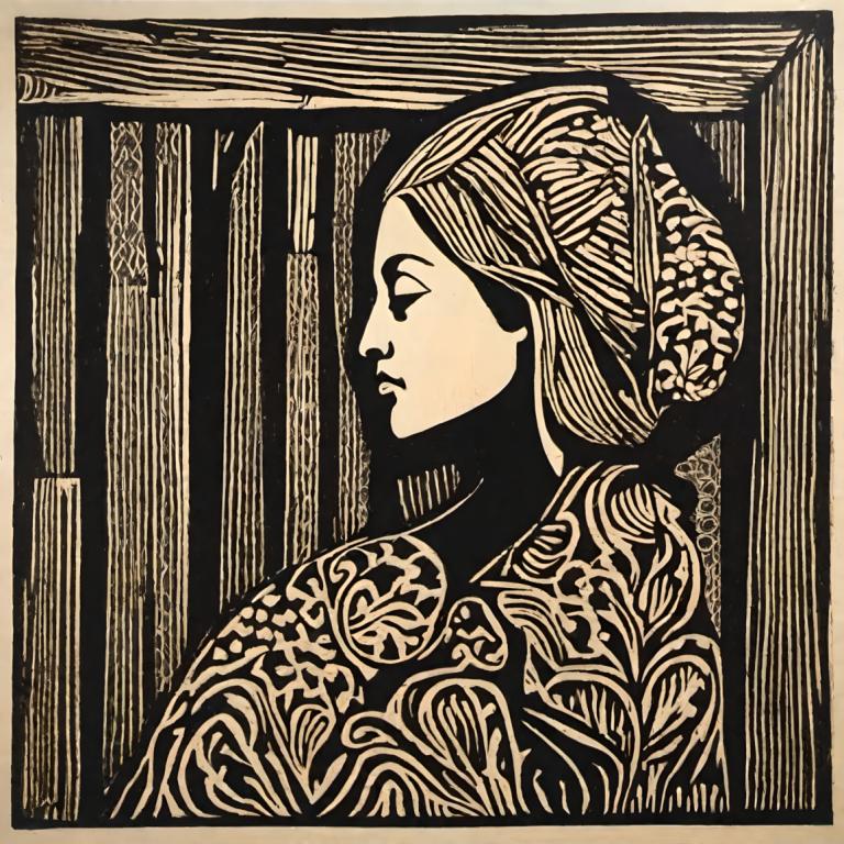 Woodcut,Woodcut, People, woman, 1girl, solo, profile, monochrome, upper body, fine art parody, closed eyes