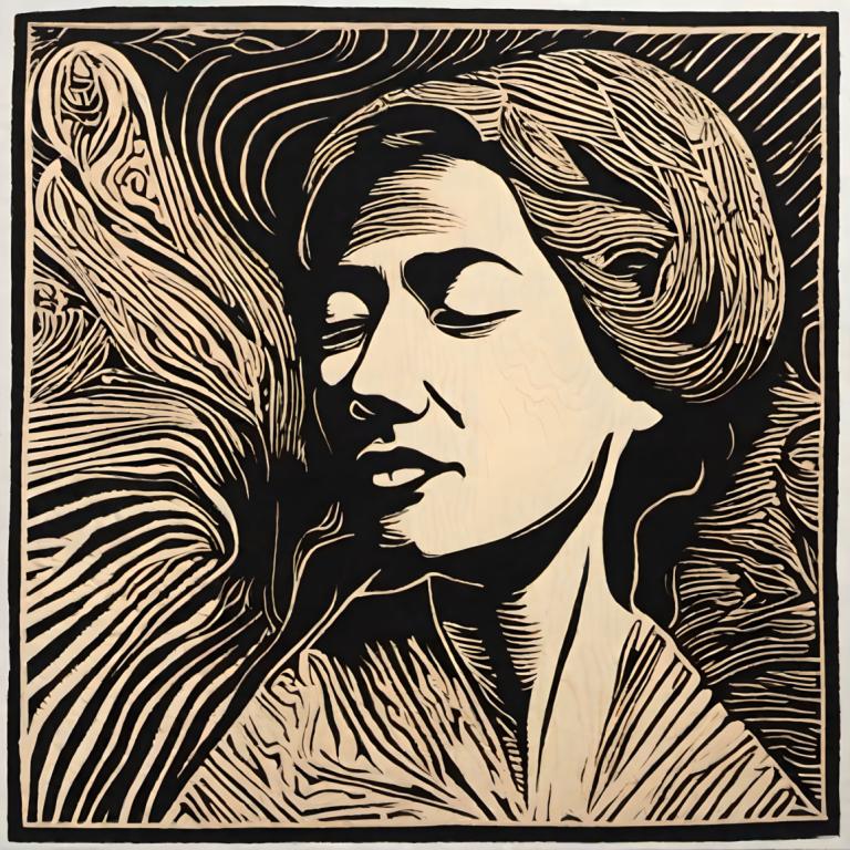 Woodcut,Woodcut, People, woman, solo, monochrome, 1girl, portrait, border, parted lips, male focus, long hair