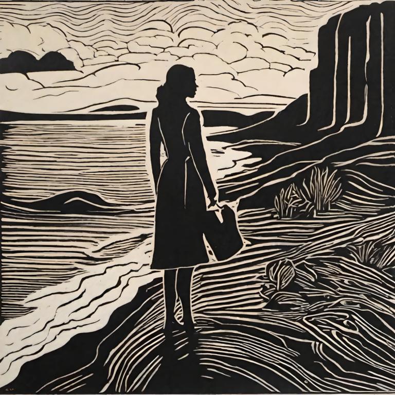 Woodcut,Woodcut, People, woman, monochrome, solo, 1girl, cloud, ocean, silhouette, sky, horizon, holding