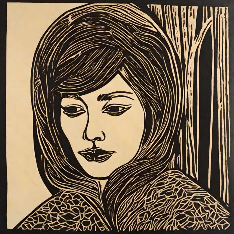 Woodcut,Woodcut, People, woman, 1girl, solo, monochrome, lipstick, closed eyes, makeup, tree, portrait