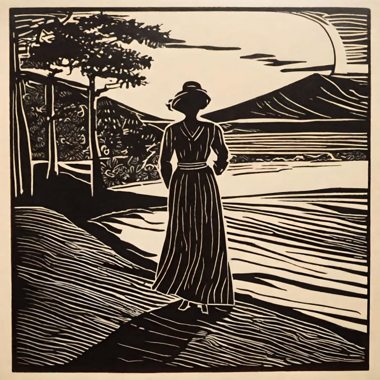 Woodcut,Woodcut, People, woman, 1girl, monochrome, solo, long skirt, tree, skirt, from behind, road, shadow