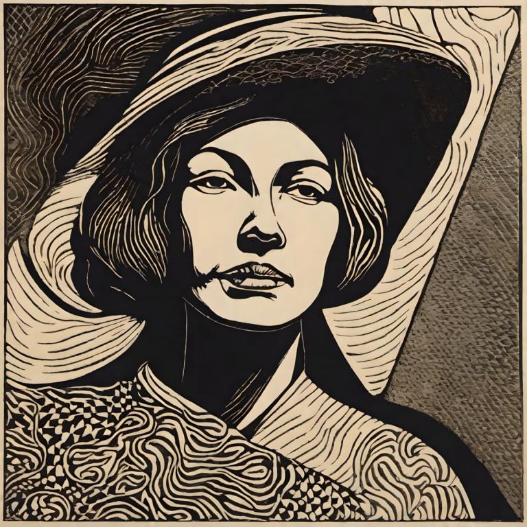 Woodcut,Woodcut, People, woman, solo, monochrome, hat, fine art parody, 1girl, looking at viewer, portrait