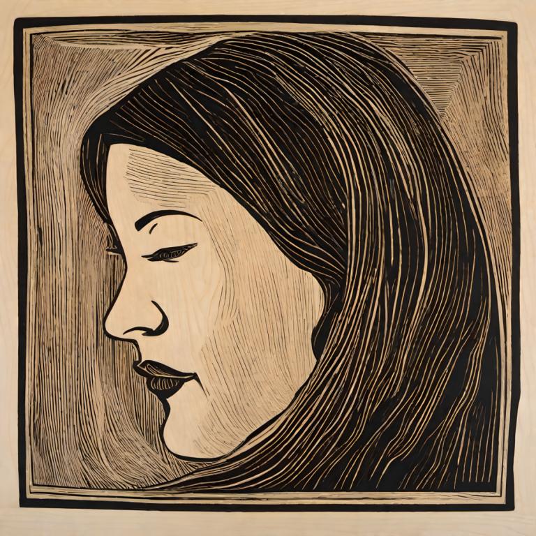 Woodcut,Woodcut, People, woman, solo, 1girl, monochrome, profile, long hair, border, portrait, lipstick