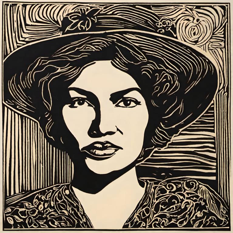 Woodcut,Woodcut, People, woman, solo, monochrome, hat, greyscale, portrait, 1girl, looking at viewer, flower