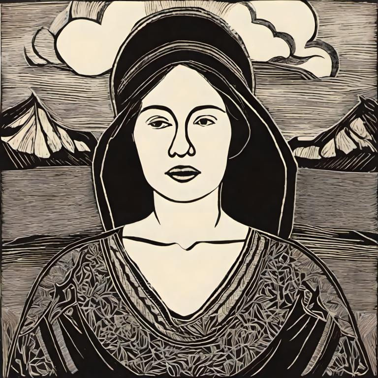 Woodcut,Woodcut, People, woman, solo, 1girl, fine art parody, monochrome, mountain, greyscale, cloud