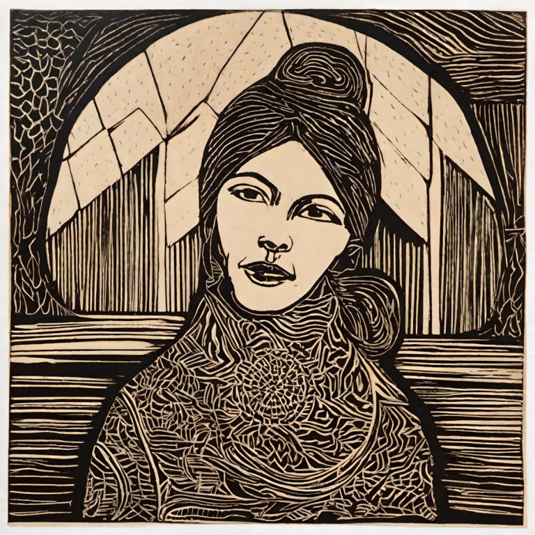 Woodcut,Woodcut, People, woman, solo, 1girl, monochrome, traditional media, hair bun, hatching (texture)