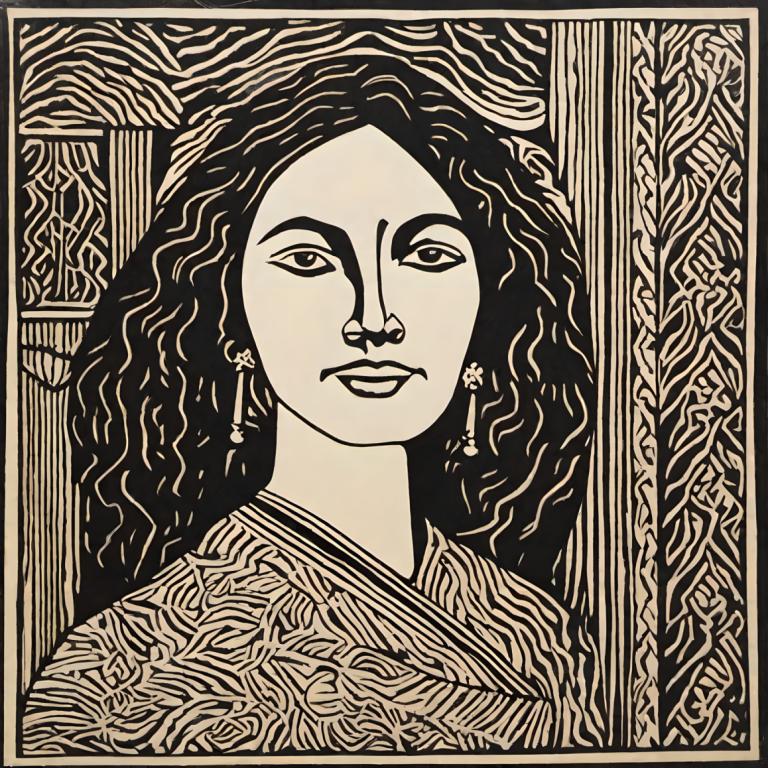 Woodcut,Woodcut, People, woman, solo, 1girl, monochrome, jewelry, earrings, long hair, greyscale