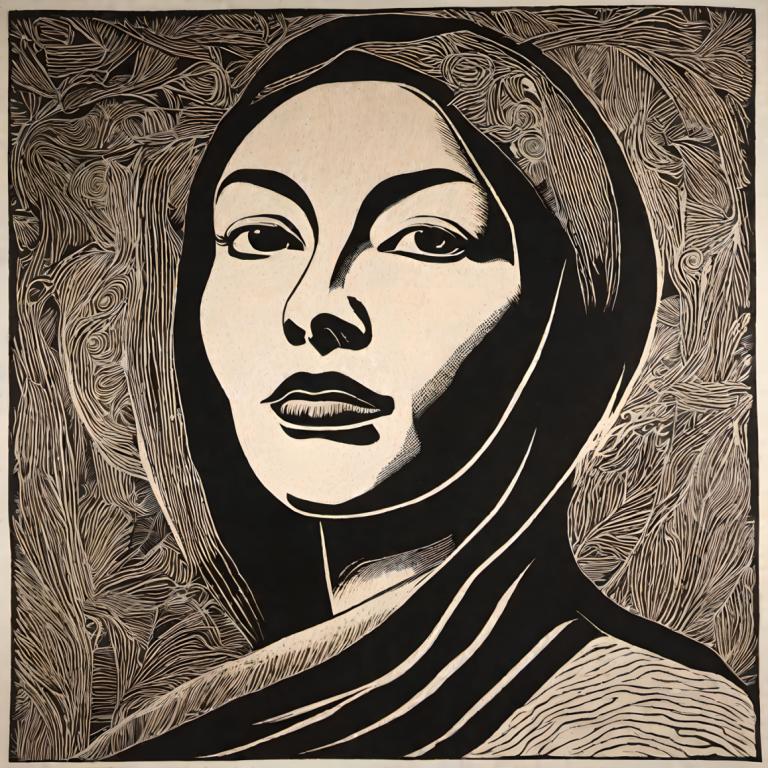 Woodcut,Woodcut, People, woman, solo, monochrome, portrait, looking at viewer, greyscale, male focus