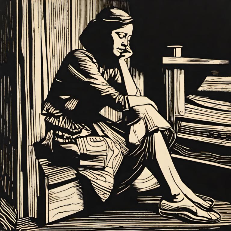 Woodcut,Woodcut, People, woman, solo, 1girl, monochrome, sitting, crossed legs, barefoot, book, long hair