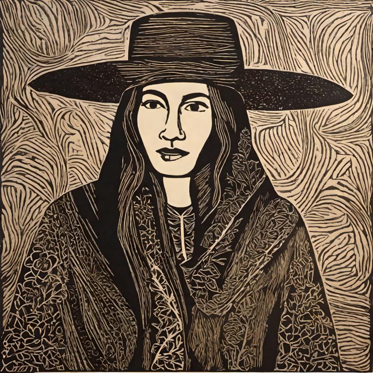 Woodcut,Woodcut, People, woman, 1girl, solo, hat, monochrome, long hair, looking at viewer, greyscale