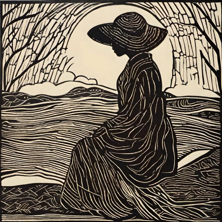 Woodcut,Woodcut, People, woman, solo, monochrome, 1girl, hat, greyscale, tree, from side, sitting, water