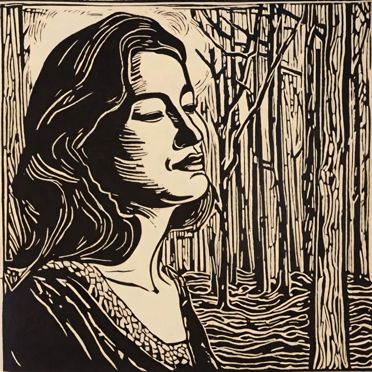 Woodcut,Woodcut, People, woman, 1girl, monochrome, solo, greyscale, long hair, fine art parody, parody