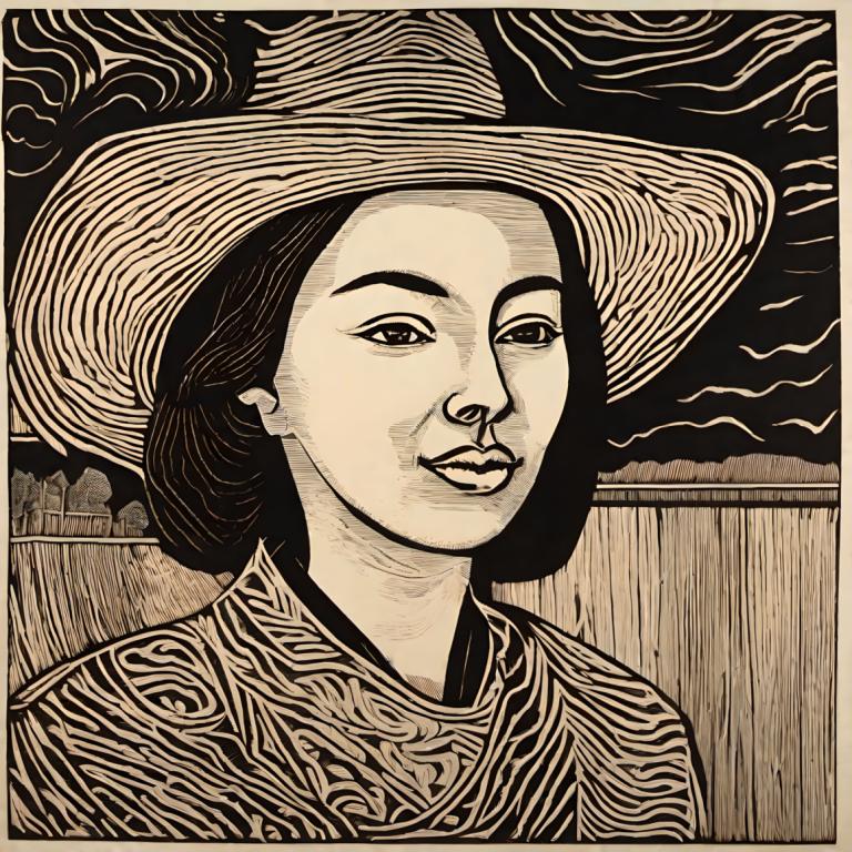 Woodcut,Woodcut, People, woman, solo, 1girl, hat, monochrome, looking at viewer, greyscale, fence