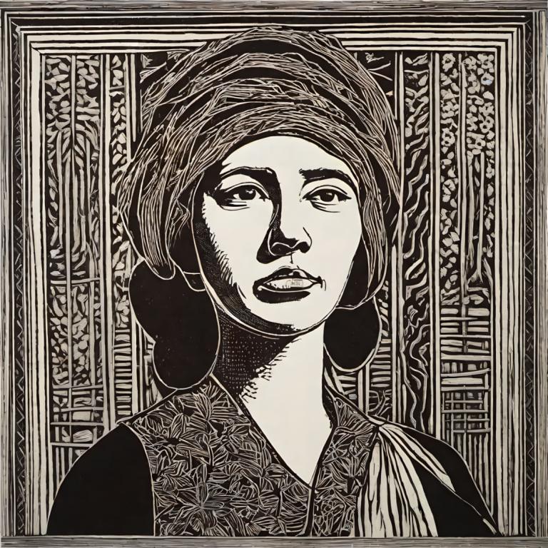 Woodcut,Woodcut, People, woman, monochrome, greyscale, solo, 1girl, fine art parody, looking at viewer