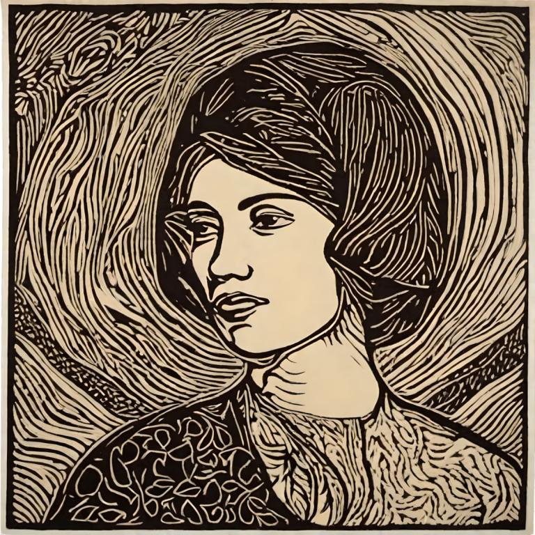 Woodcut,Woodcut, People, woman, solo, monochrome, 1girl, greyscale, parted lips, fine art parody, portrait