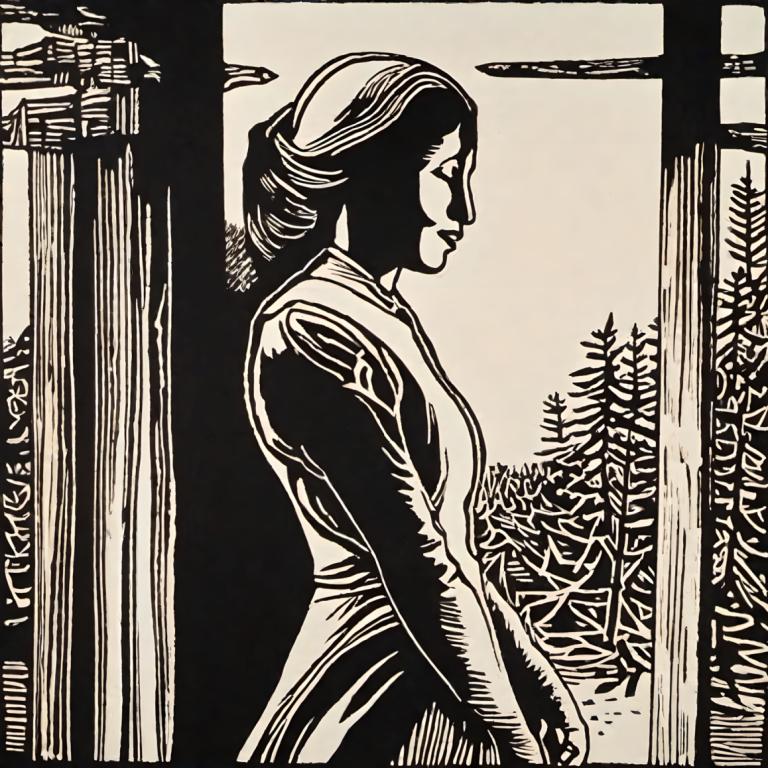 Woodcut,Woodcut, People, woman, 1girl, monochrome, solo, greyscale, from side, profile, plant, ink (medium)