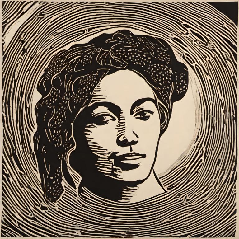 Woodcut,Woodcut, People, woman, solo, monochrome, greyscale, portrait, looking at viewer, 1boy, male focus