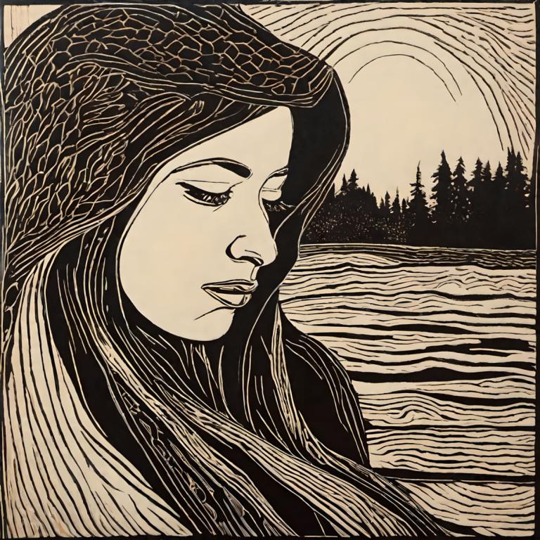 Woodcut,Woodcut, People, woman, solo, monochrome, 1girl, greyscale, tree, closed mouth, outdoors, long hair