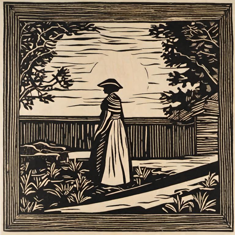 Woodcut,Woodcut, People, woman, monochrome, solo, tree, hat, 1girl, greyscale, outdoors, standing, fence