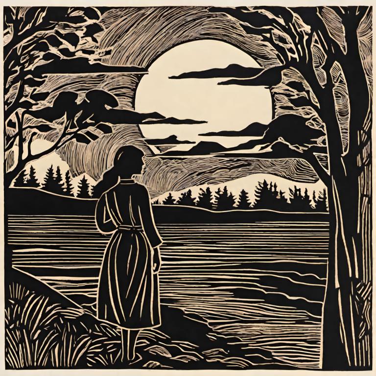 Woodcut,Woodcut, People, woman, monochrome, 1girl, tree, solo, moon, outdoors, cloud, full moon