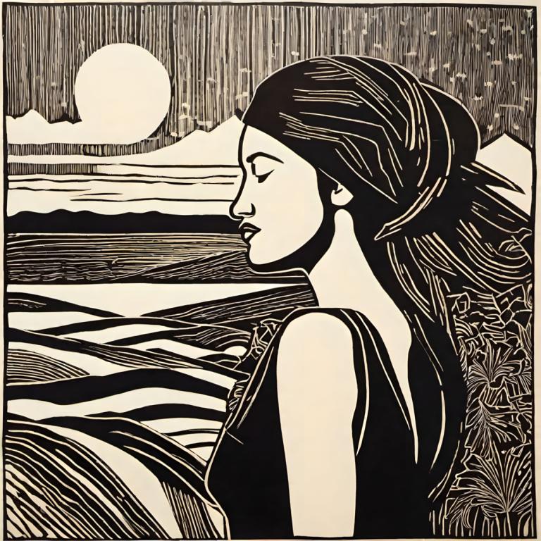 Woodcut,Woodcut, People, woman, 1girl, solo, monochrome, profile, greyscale, upper body, long hair, from side