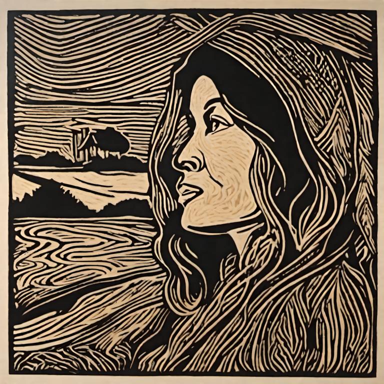 Woodcut,Woodcut, People, woman, fine art parody, solo, monochrome, 1girl, parody, long hair, style parody