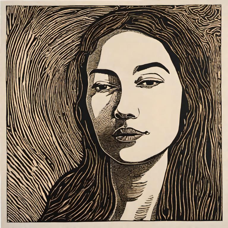 Woodcut,Woodcut, People, woman, solo, monochrome, long hair, portrait, parted lips, looking at viewer