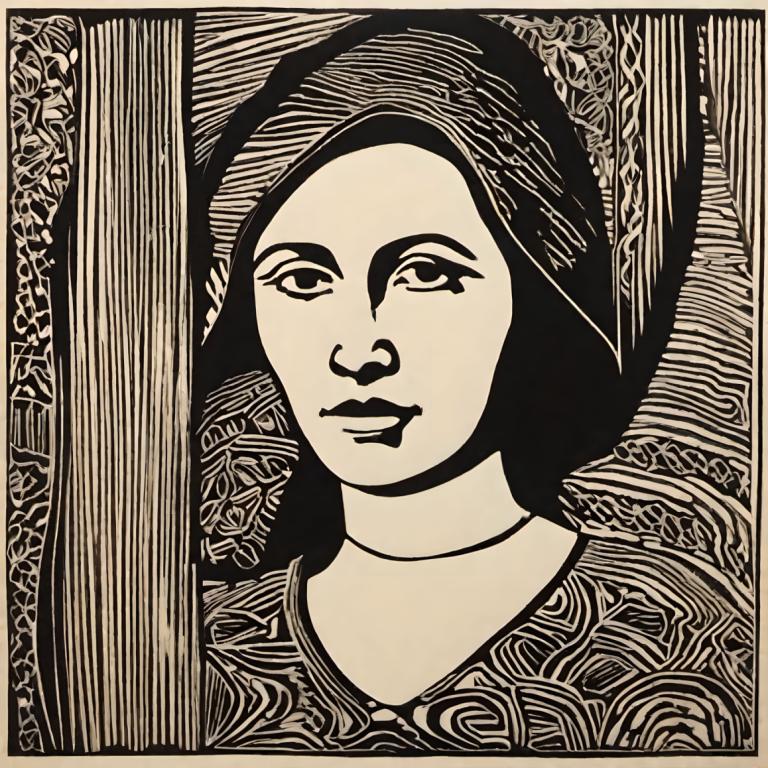 Woodcut,Woodcut, People, woman, solo, monochrome, 1girl, greyscale, portrait, looking at viewer