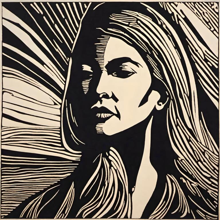 Woodcut,Woodcut, People, woman, solo, monochrome, greyscale, long hair, parody, style parody, 1girl