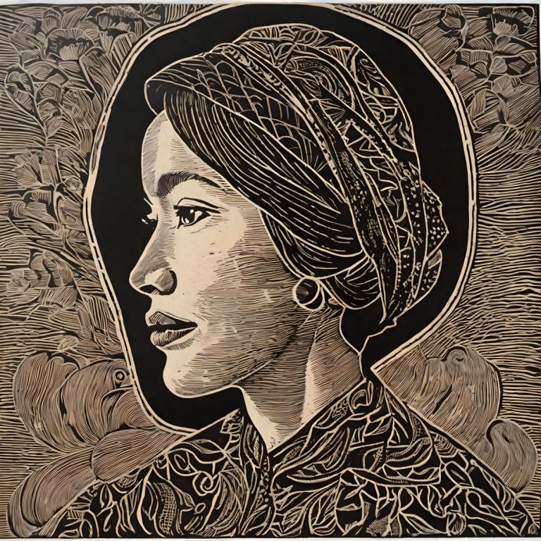 Woodcut,Woodcut, People, woman, 1girl, solo, monochrome, profile, greyscale, portrait, traditional media