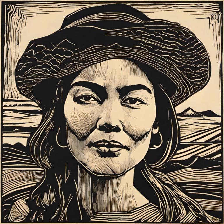 Woodcut,Woodcut, People, woman, solo, monochrome, hat, greyscale, jewelry, earrings, 1girl, portrait