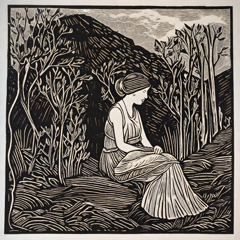 Woodcut,Woodcut, People, woman, 1girl, solo, monochrome, dress, tree, sitting, greyscale, profile, border