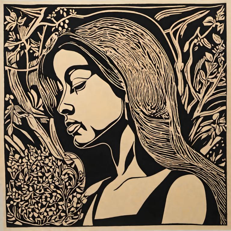 Woodcut,Woodcut, People, woman, 1girl, solo, monochrome, closed eyes, long hair, collarbone, flower, greyscale