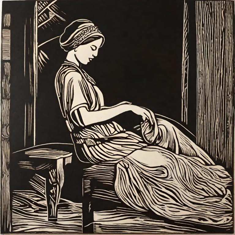 Woodcut,Woodcut, People, woman, 1girl, solo, monochrome, dress, closed eyes, fine art parody, sitting