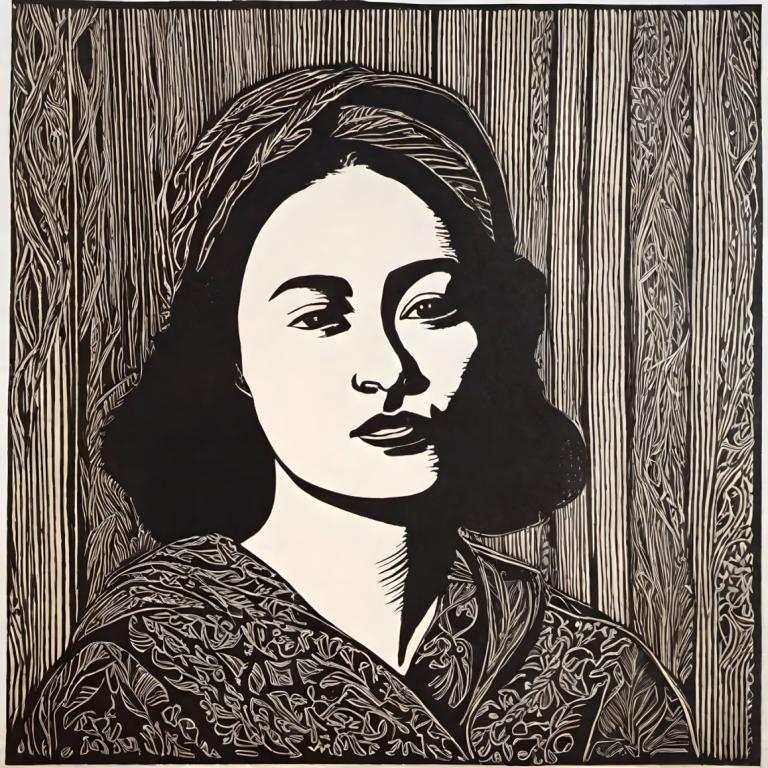 Woodcut,Woodcut, People, woman, solo, monochrome, 1girl, greyscale, looking at viewer, border, parted lips