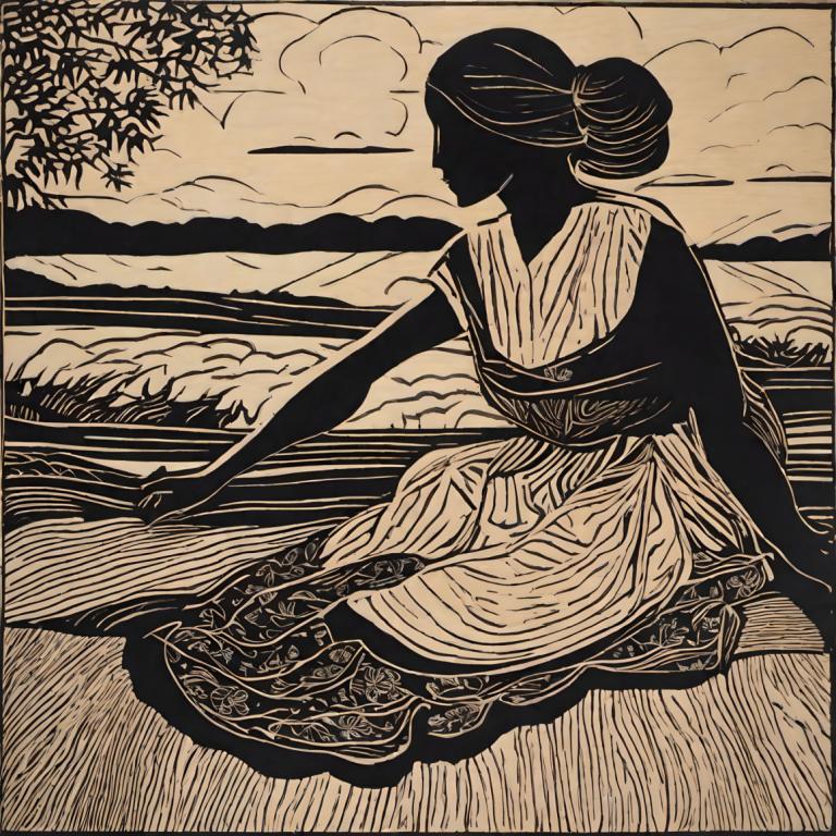 Woodcut,Woodcut, People, woman, 1girl, solo, sitting, monochrome, dress, cloud, hair bun, single hair bun